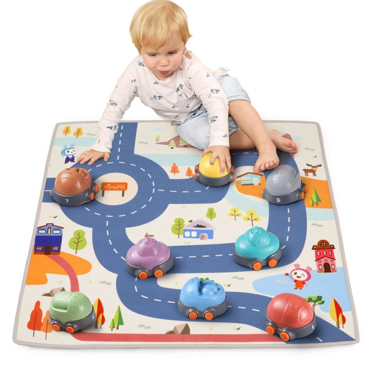 Stacking cars toy with play mat