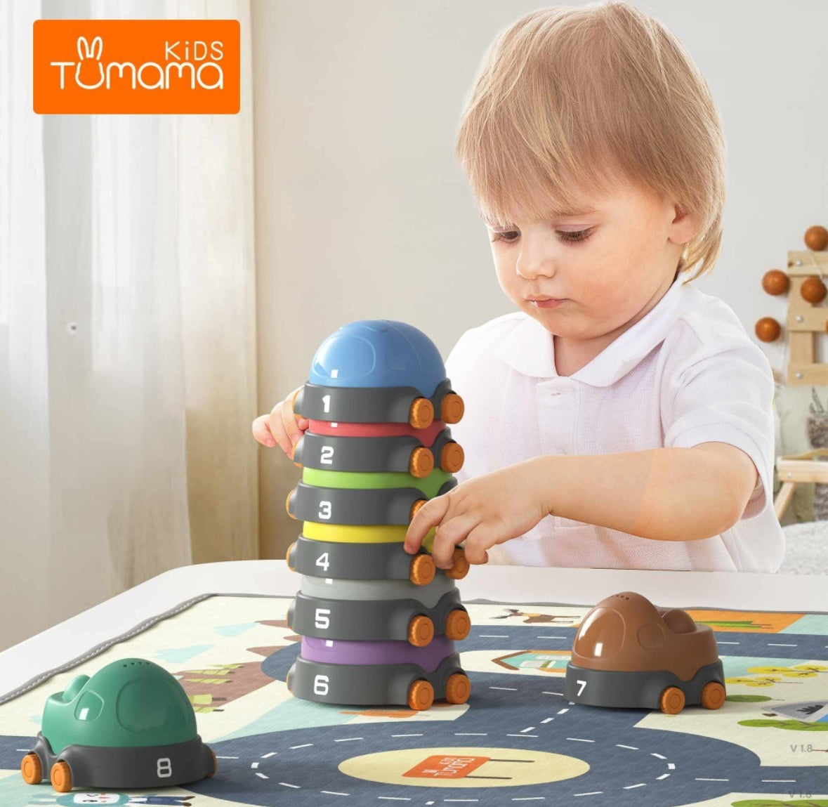 Stacking cars toy with play mat